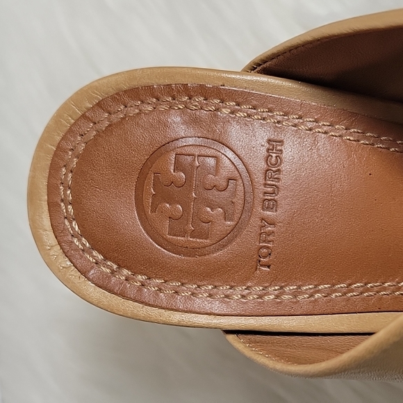 Tory Burch Raya tumbled leather sand /camel tan slide mules women's size 8.5 - Picture 4 of 12